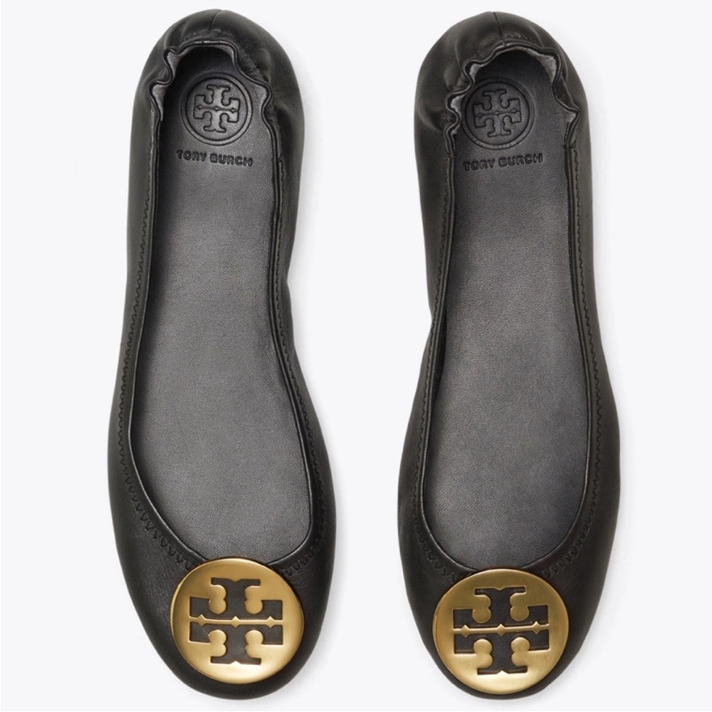 Tory Burch Minnie Travel Leather Ballet Flats Black and Gold size 6.5